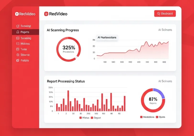 빨간비디오 콘텐츠 관리 대시보드. AI 스캐닝 진행 상황과 신고 처리 현황 그래프 표시, 붉은색 테마로 전문성 강조. 빨간비디오 콘텐츠 관리 대시보드. AI 스캐닝 진행 상황과 신고 처리 현황 그래프 표시, 붉은색 테마로 전문성 강조.