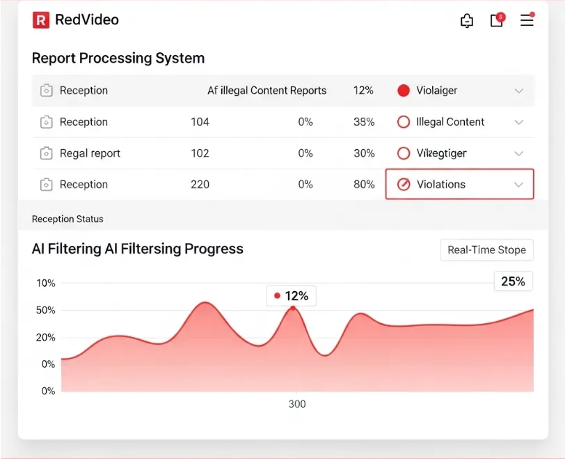 빨간비디오의 신고 처리 시스템 화면. 불법 콘텐츠 신고 접수 현황과 AI 필터링 진행 그래프 표시. 빨간비디오의 신고 처리 시스템 화면. 불법 콘텐츠 신고 접수 현황과 AI 필터링 진행 그래프 표시.