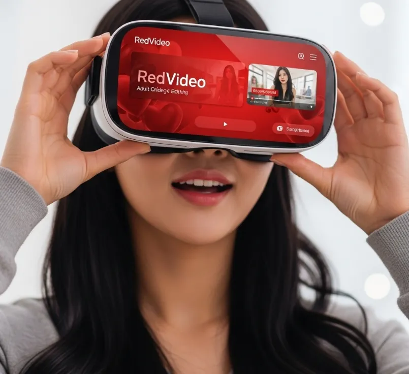 VR 헤드셋으로 빨간비디오 콘텐츠 즐기는 장면. VR 헤드셋으로 빨간비디오 콘텐츠 즐기는 장면.