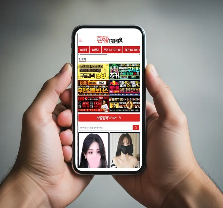 스마트폰에 빨간비디오 모바일 웹 표시.