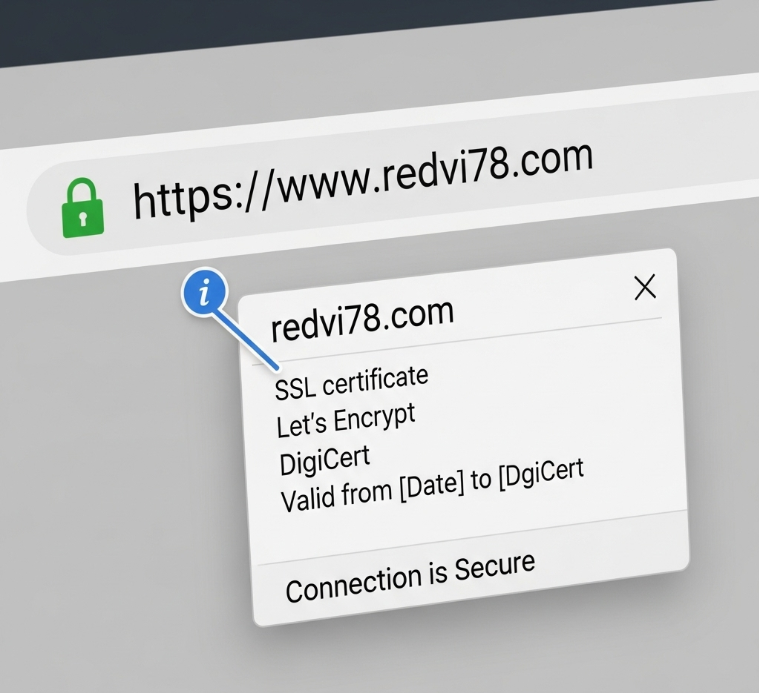 빨간비디오 공식사이트의 HTTPS 자물쇠 아이콘과 SSL 인증서 정보가 표시된 브라우저 주소창 캡처. 보안성을 강조하는 이미지.