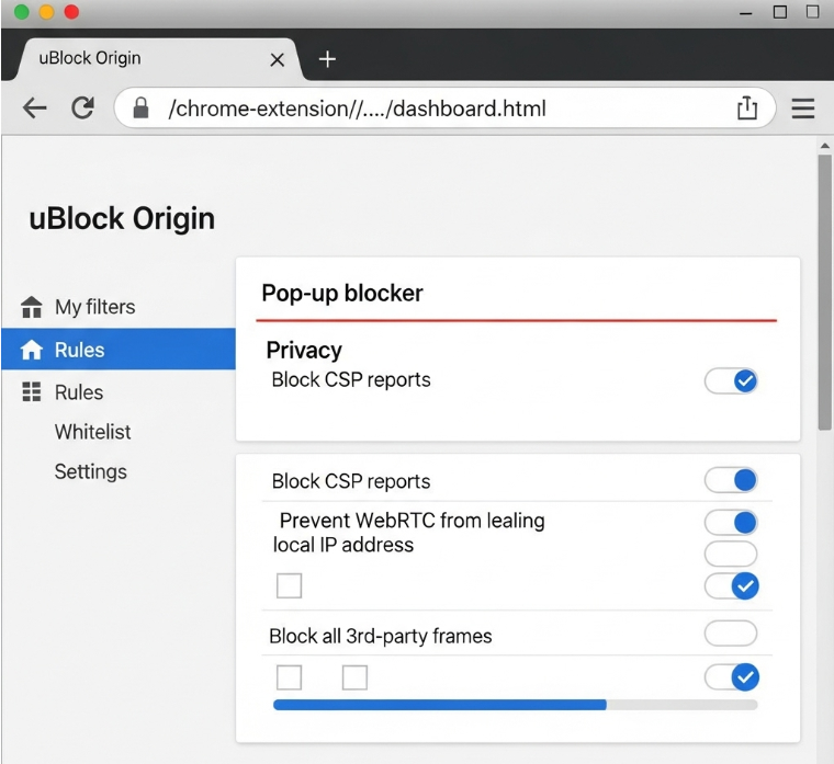 브라우저에 설치된 uBlock Origin 광고 차단 확장 프로그램의 설정 화면 캡처. 팝업 차단과 개인정보 보호 설정이 강조된 이미지.