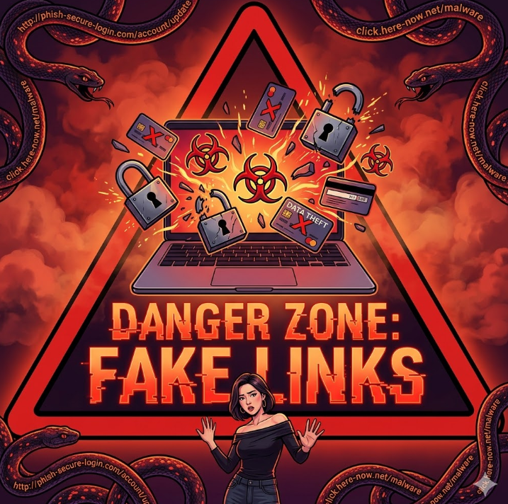 붉은 경고 삼각형이 화면 전체를 덮고, 노트북에서 악성코드 아이콘