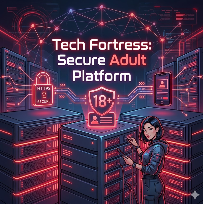  붉은 네온으로 빛나는 서버 랙과 성인인증 아이콘