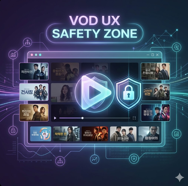 붉은 배경에 깔끔한 VOD 플레이어 UI가 떠 있는 그래픽
