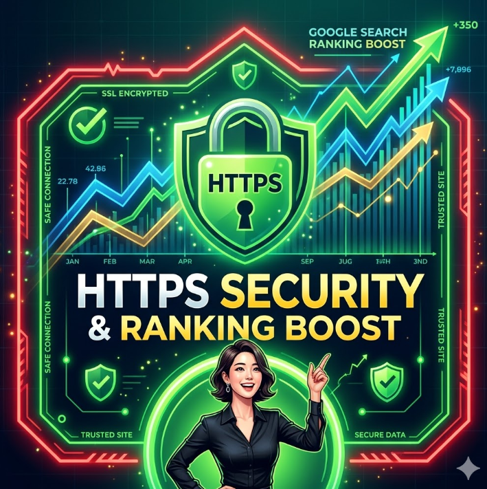 붉은 사이트 화면에 HTTPS 자물쇠 아이콘이 크게 떠 있는 그래픽