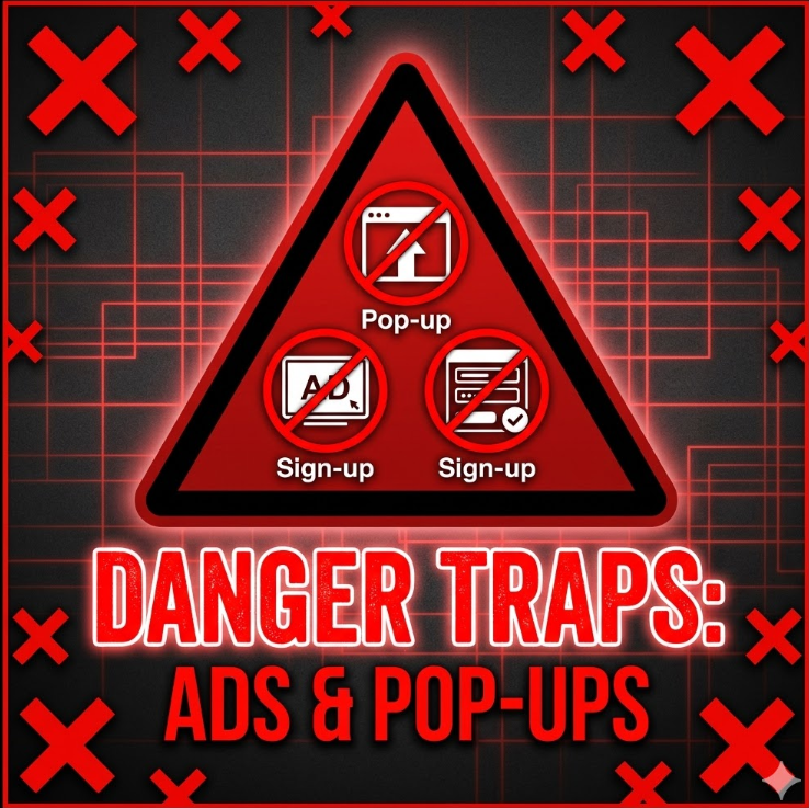 붉은 경고 삼각형 안에 팝업·광고·회원가입 아이콘이 금지 표시와 함께 떠 있는 그래픽 붉은 경고 삼각형 안에 팝업·광고·회원가입 아이콘이 금지 표시와 함께 떠 있는 그래픽