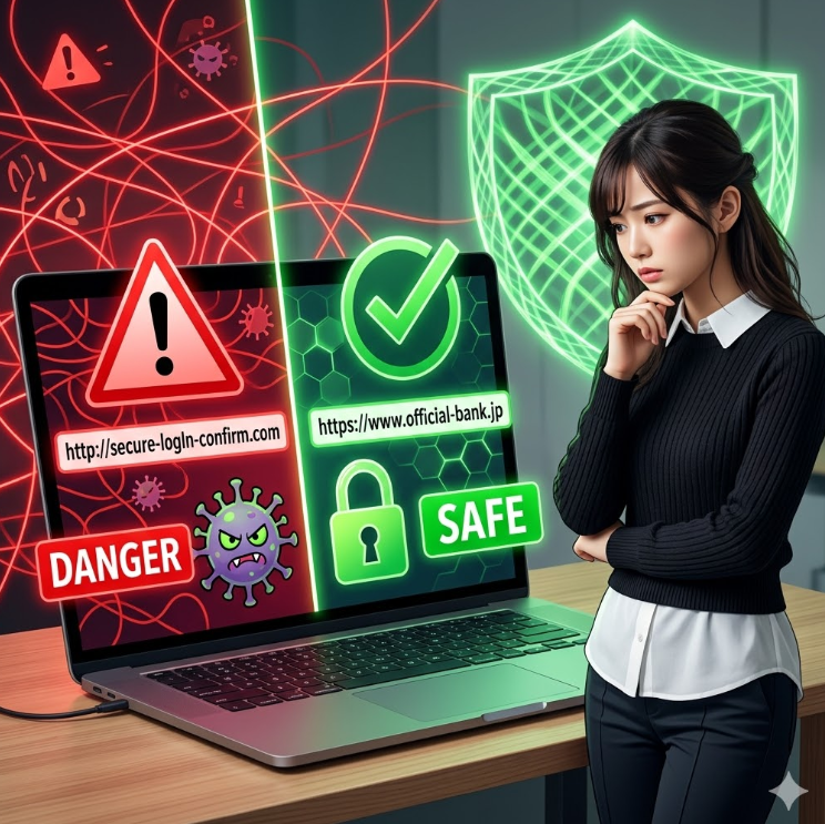  붉은 경고 삼각형과 녹색 체크마크가 대조되는 그래픽