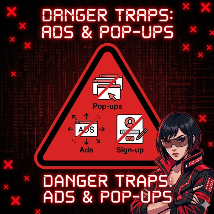 붉은 경고 삼각형 안에 팝업·광고·회원가입 아이콘이 금지 표시와 함께 떠 있는 그래픽